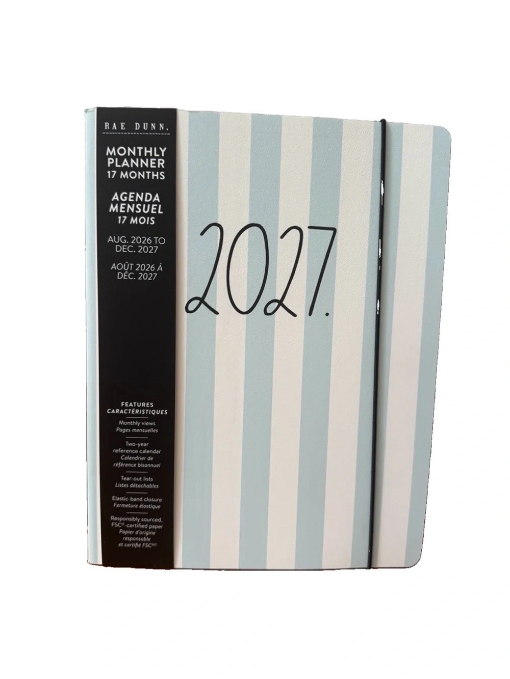 Rae Dunn 2027 PLANNER Soft Cover Spiral 17 months Planner  Ivory 9x7” Blue strip